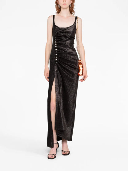 Stud-Detailed Metallic Maxi Dress