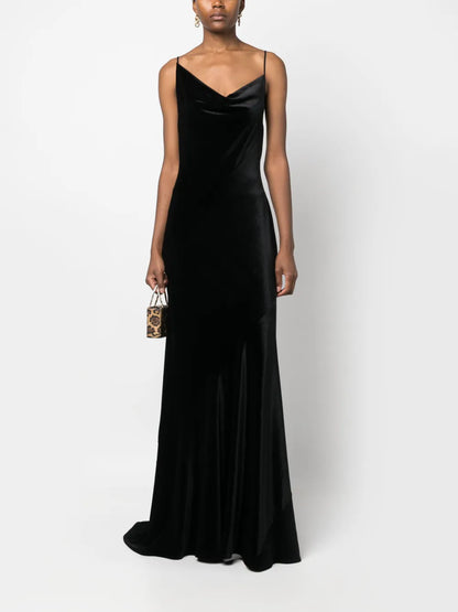 Cowl-Neck Velvet Long Dress