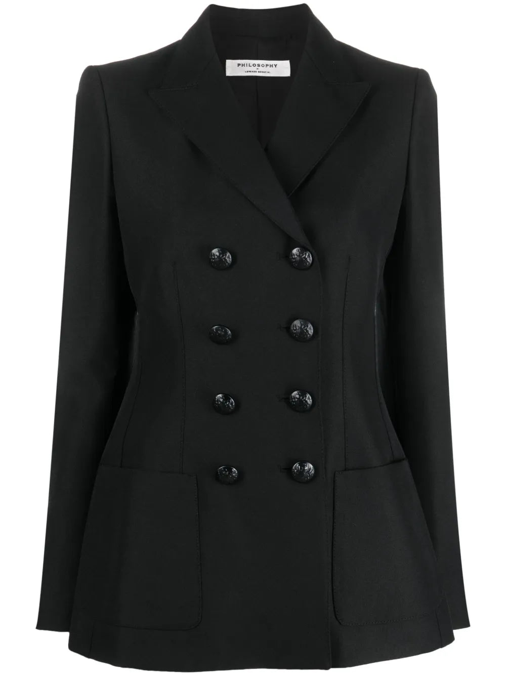 Embossed-Buttons Double-Breasted Blazer