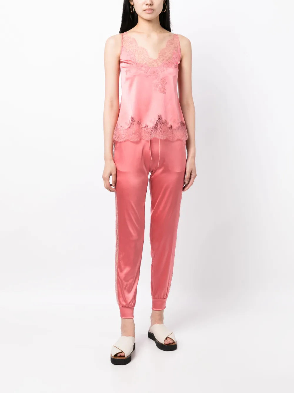 Floral-Lace Detail Sleeveless Silk Top