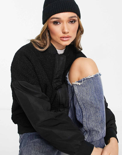 Oversized Sherpa Mixed Bomber Jacket
