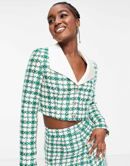 Contrast Collar Check Boucle Blazer Co-Ord