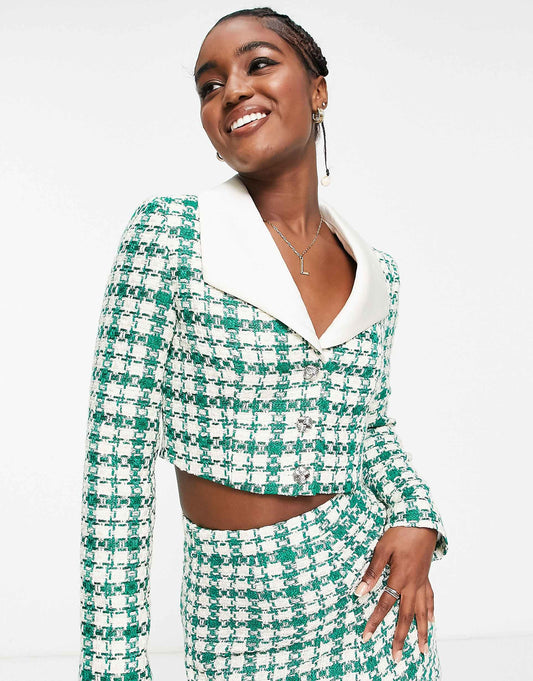 Contrast Collar Check Boucle Blazer Co-Ord