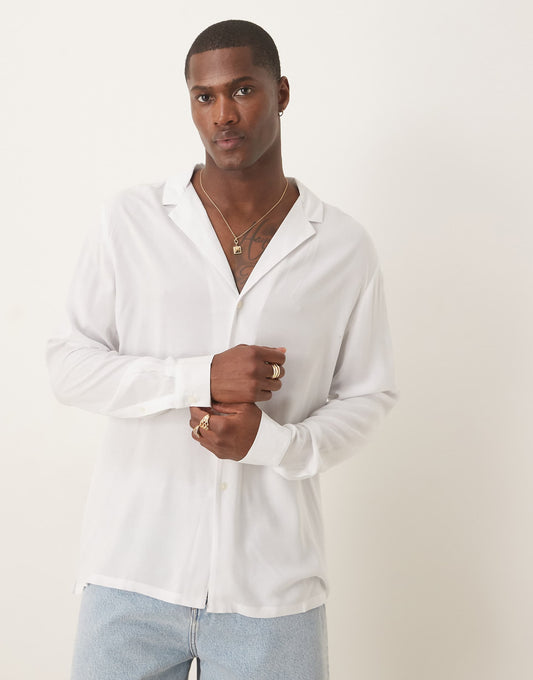 Fit Viscose Shirt With Deep Revere Collar