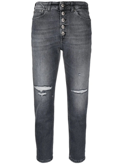 High-Waisted Cropped Ripped Jeans