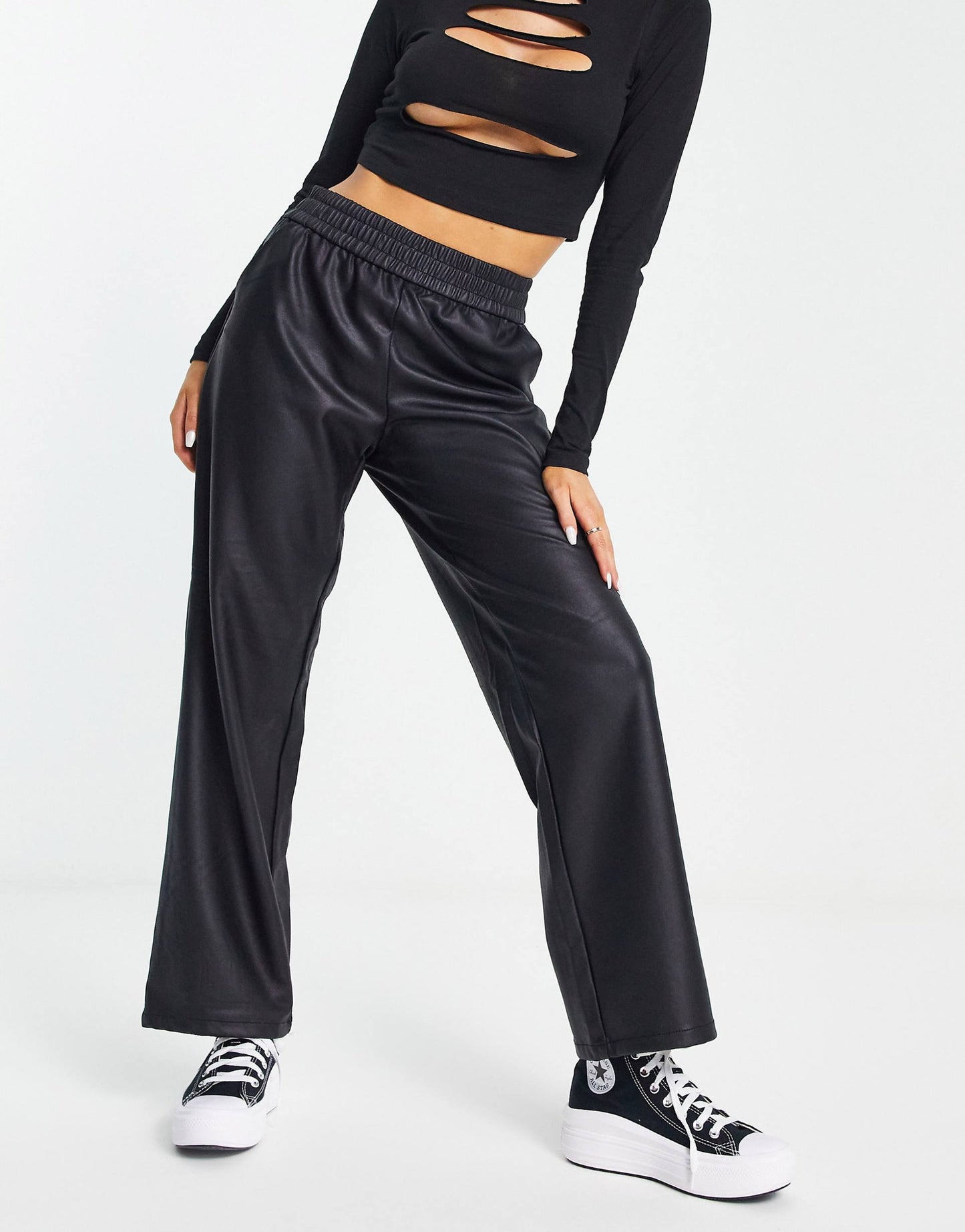 Faux Leather Elasticated Waist Straight Leg Trousers