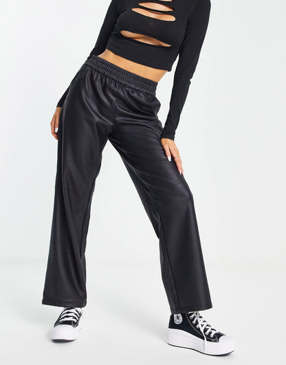 Faux Leather Elasticated Waist Straight Leg Trousers