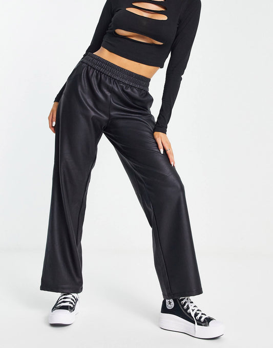 Faux Leather Elasticated Waist Straight Leg Trousers