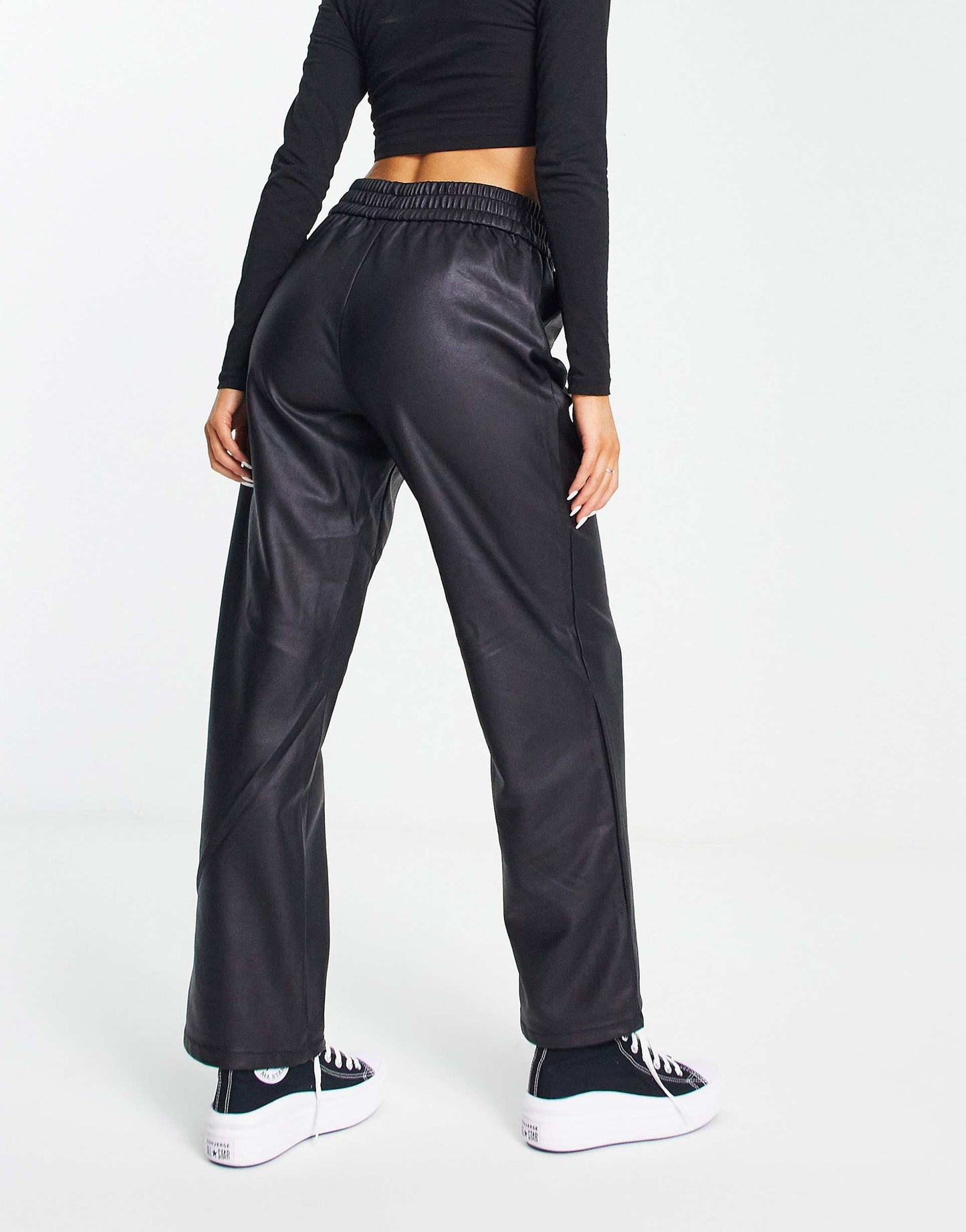 Faux Leather Elasticated Waist Straight Leg Trousers