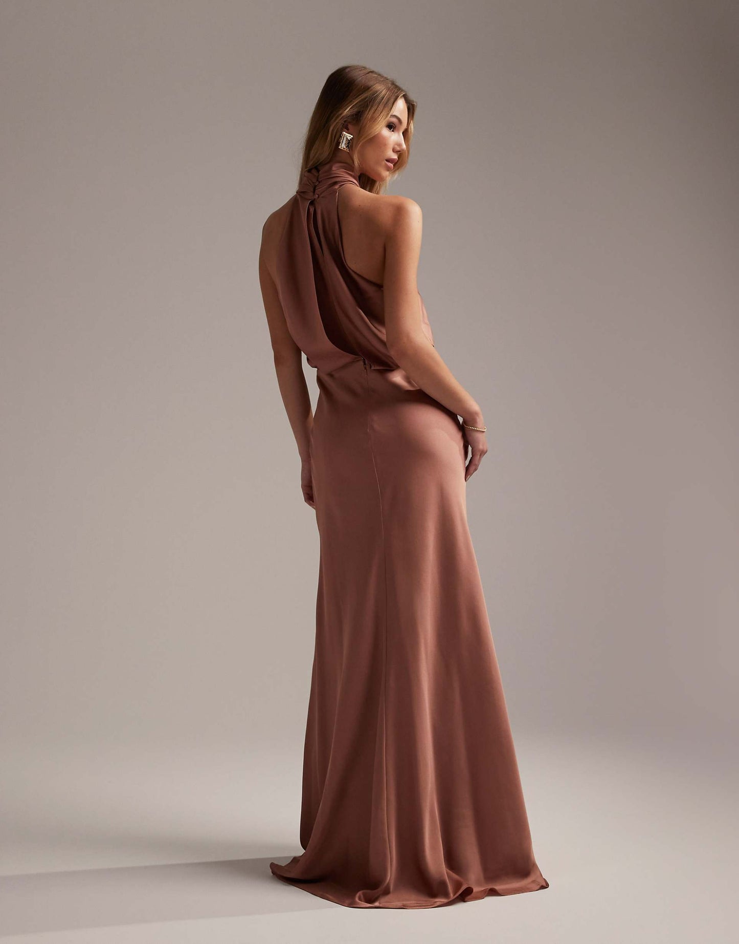 Bridesmaid Satin Ruched Halter Neck Maxi Dress