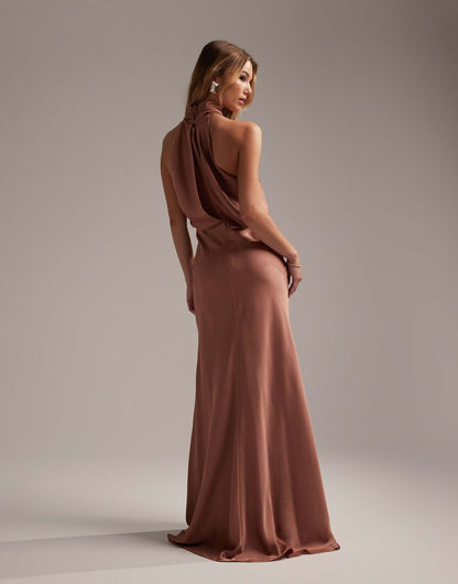 Bridesmaid Satin Ruched Halter Neck Maxi Dress