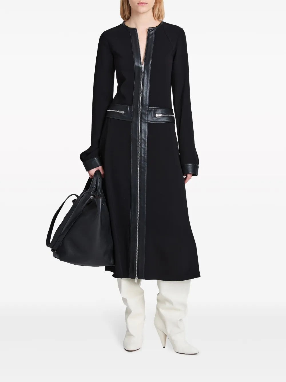 Faux-Leather Trim Long-Sleeved Midi Dress