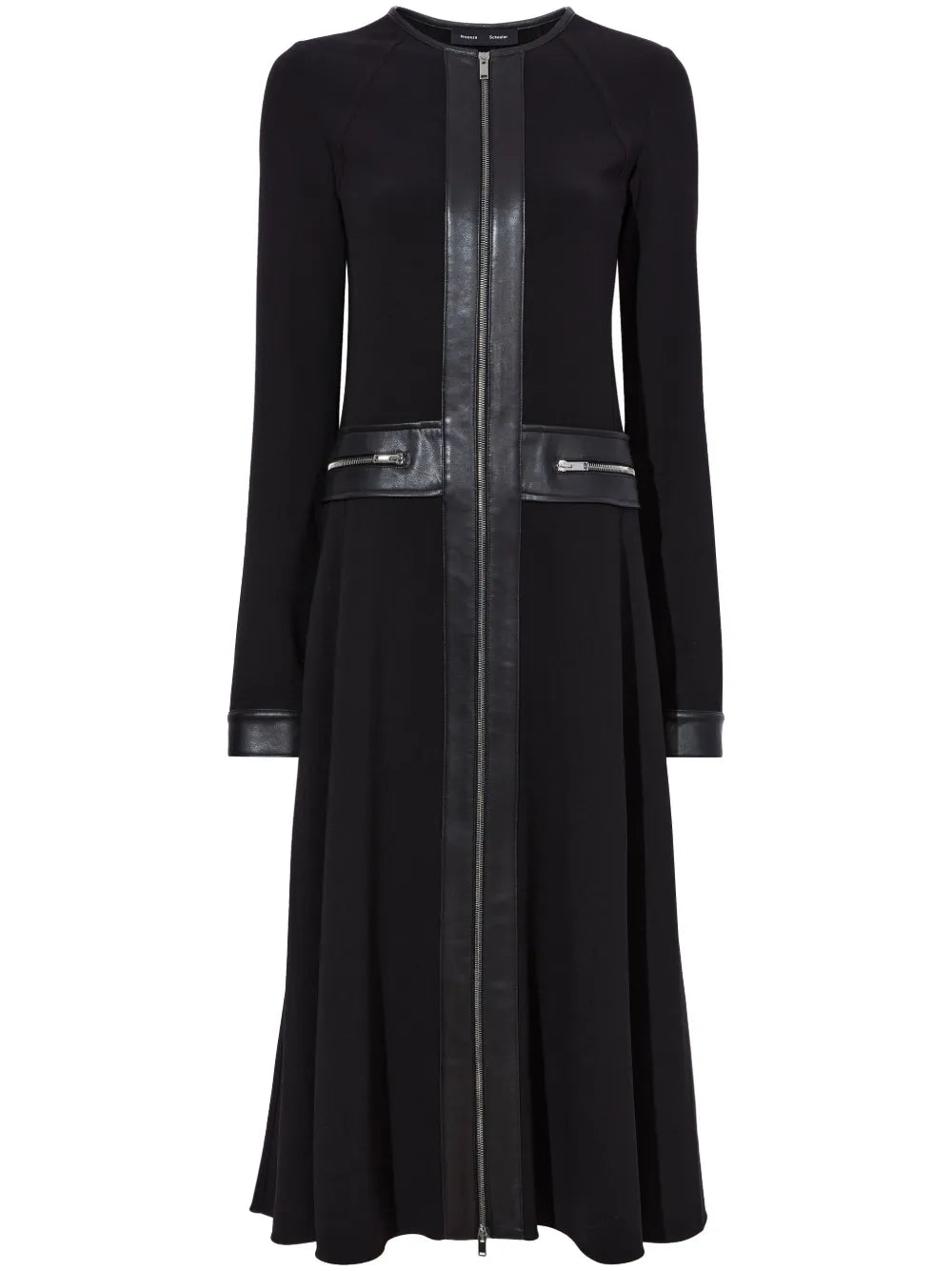Faux-Leather Trim Long-Sleeved Midi Dress
