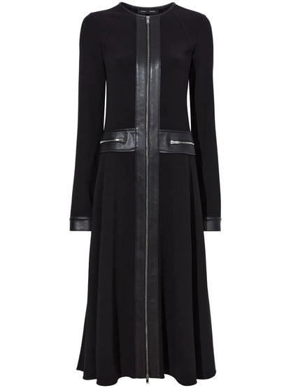 Faux-Leather Trim Long-Sleeved Midi Dress