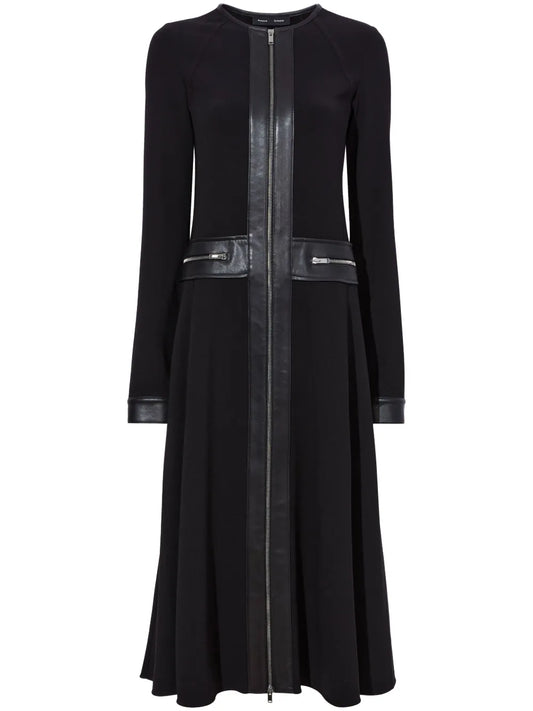 Faux-Leather Trim Long-Sleeved Midi Dress