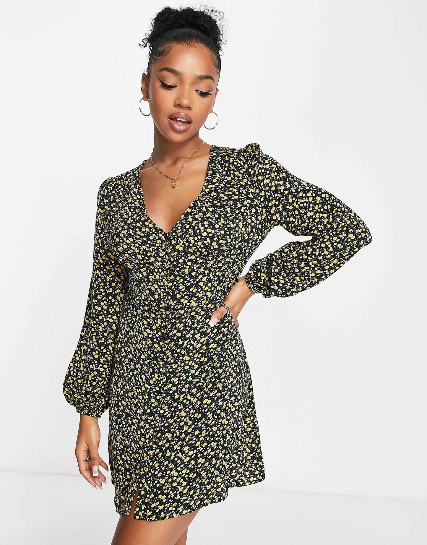 Ditsy Print Plunge Mini Dress