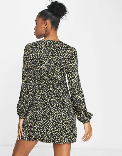 Ditsy Print Plunge Mini Dress
