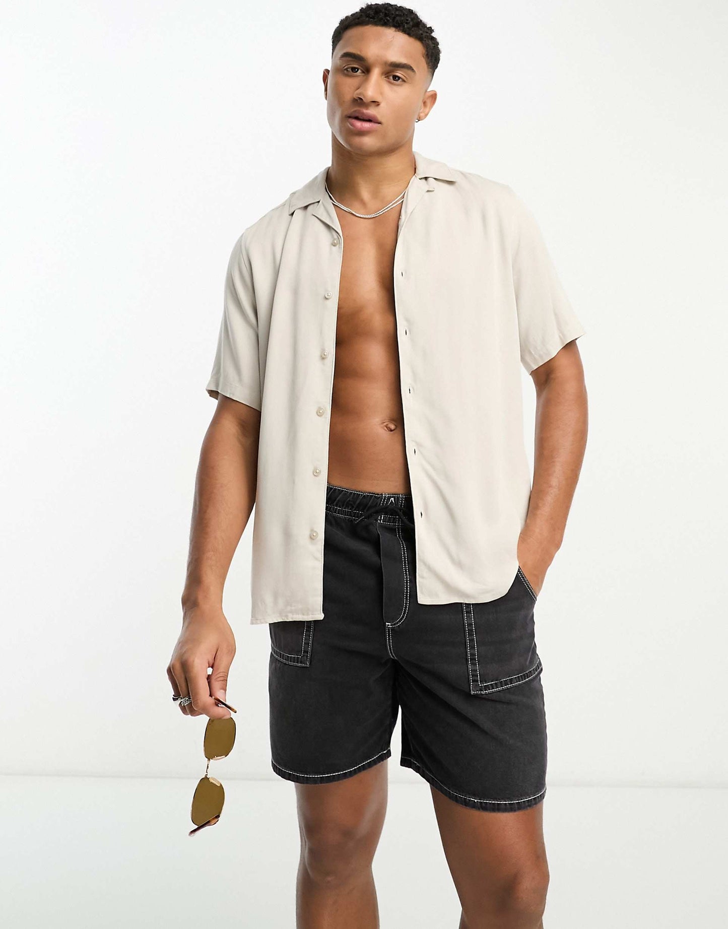 Short Sleeve Viscose Shirt With Revere Collar