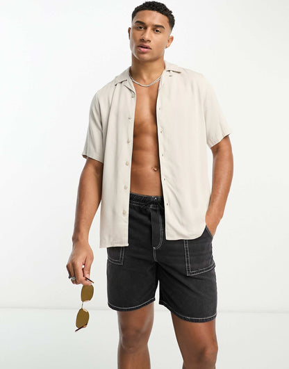 Short Sleeve Viscose Shirt With Revere Collar