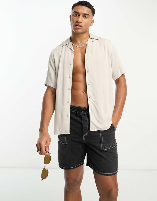 Short Sleeve Viscose Shirt With Revere Collar