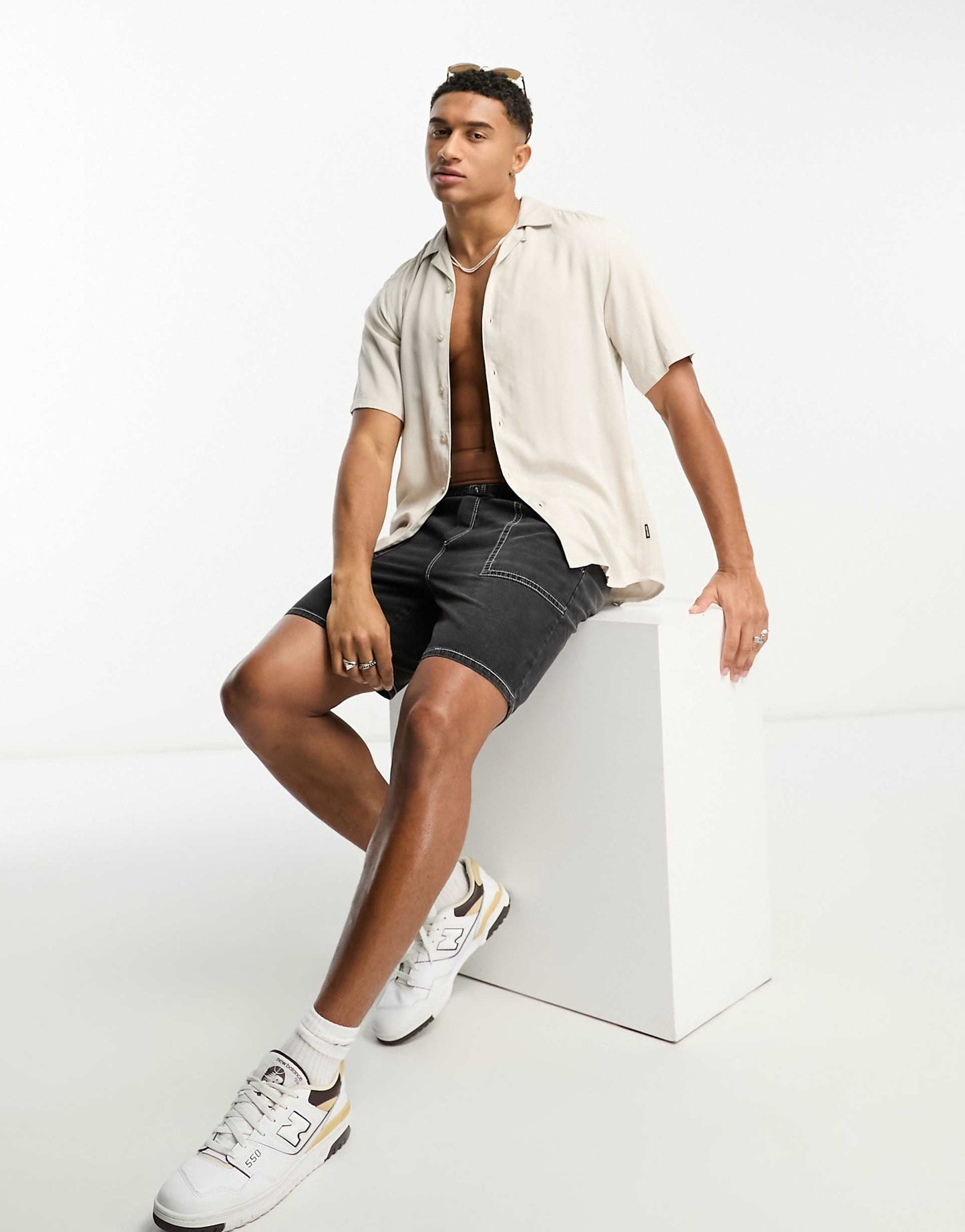 Short Sleeve Viscose Shirt With Revere Collar