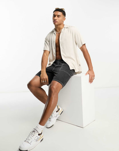 Short Sleeve Viscose Shirt With Revere Collar