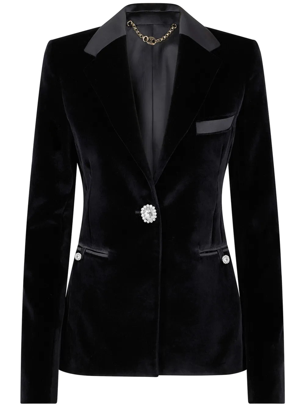 Crystal-Button Velour Single-Breasted Blazer