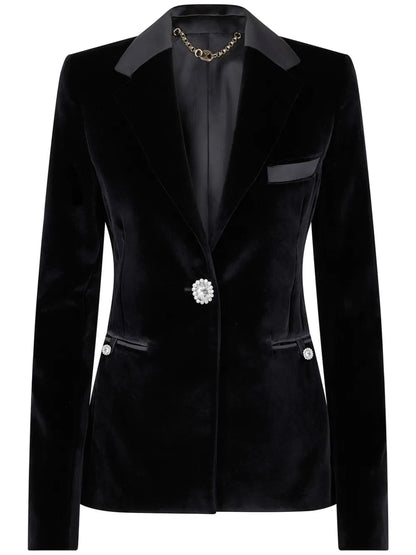 Crystal-Button Velour Single-Breasted Blazer