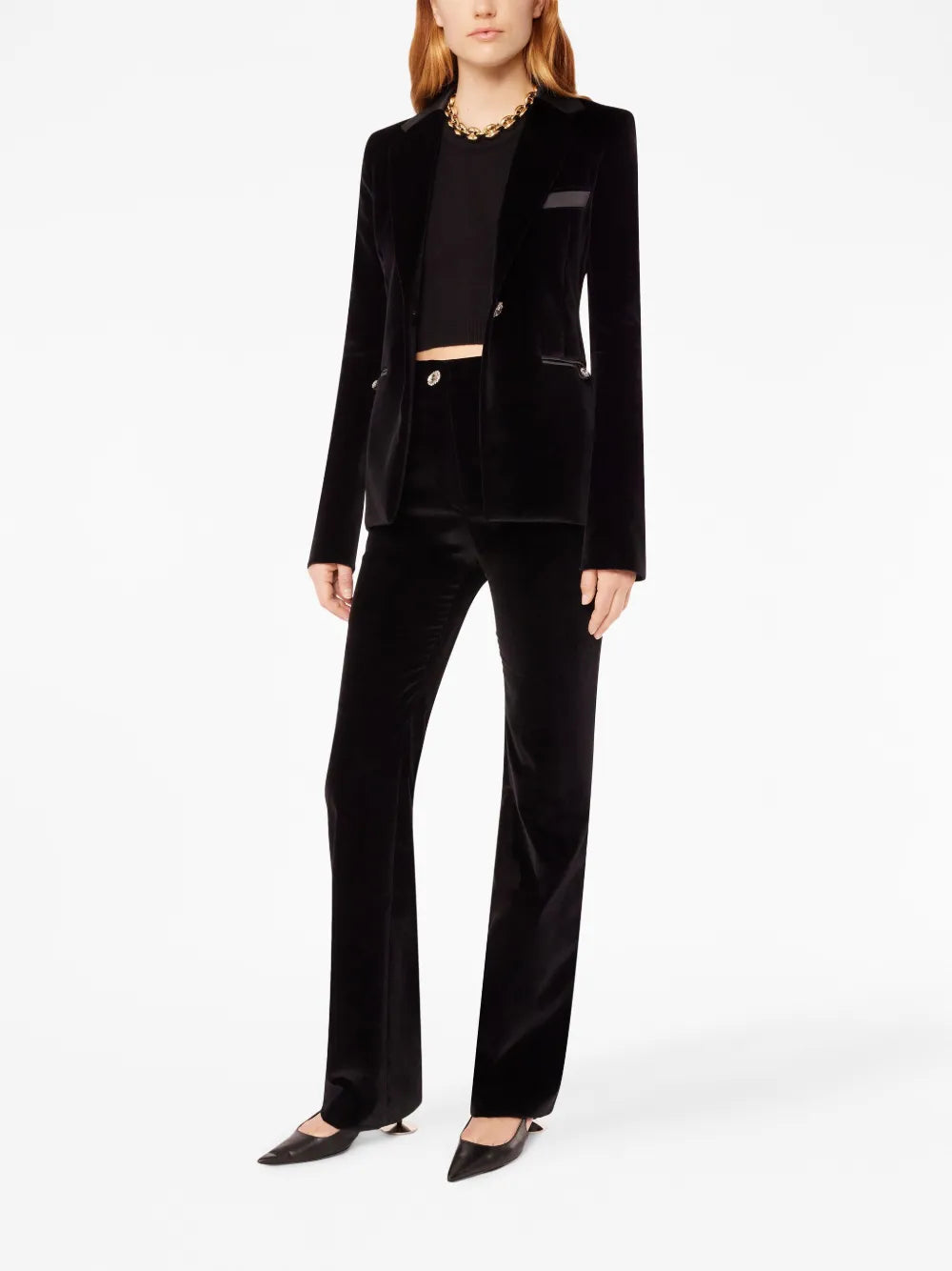Crystal-Button Velour Single-Breasted Blazer