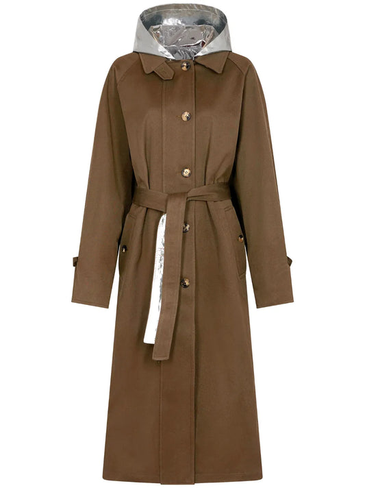 Laminated-Panel Hooded Trench Coat