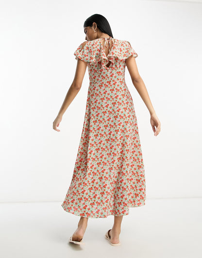 Flutter Sleeve Midi Tea Dress With Buttons