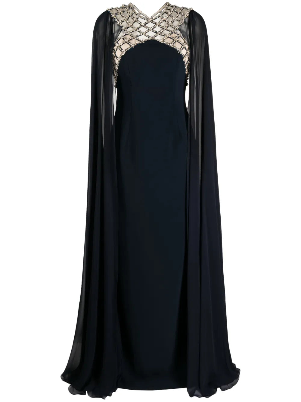 Natalie Crystal-Panel Cape Gown