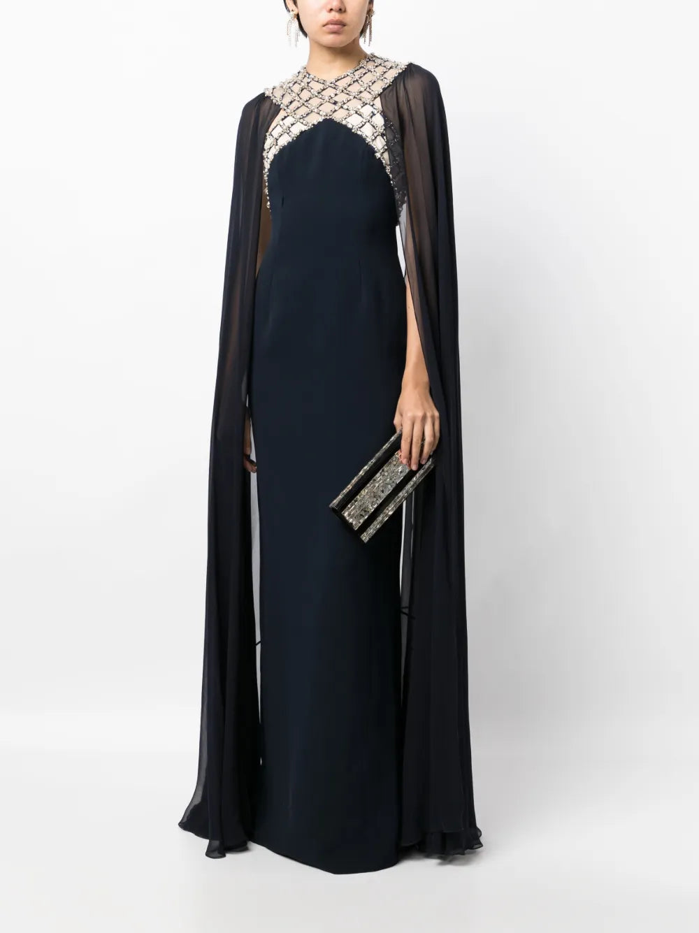 Natalie Crystal-Panel Cape Gown
