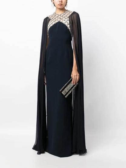 Natalie Crystal-Panel Cape Gown