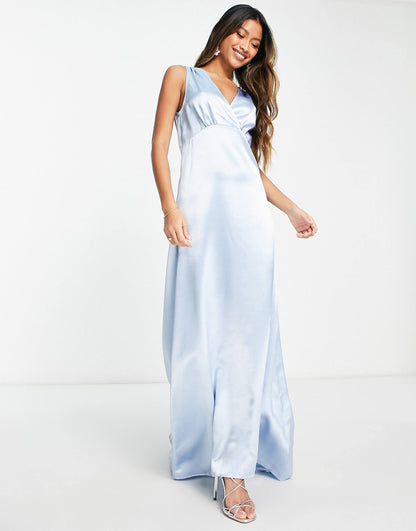 Bridesmaid Satin V Neck Maxi Dress With Train