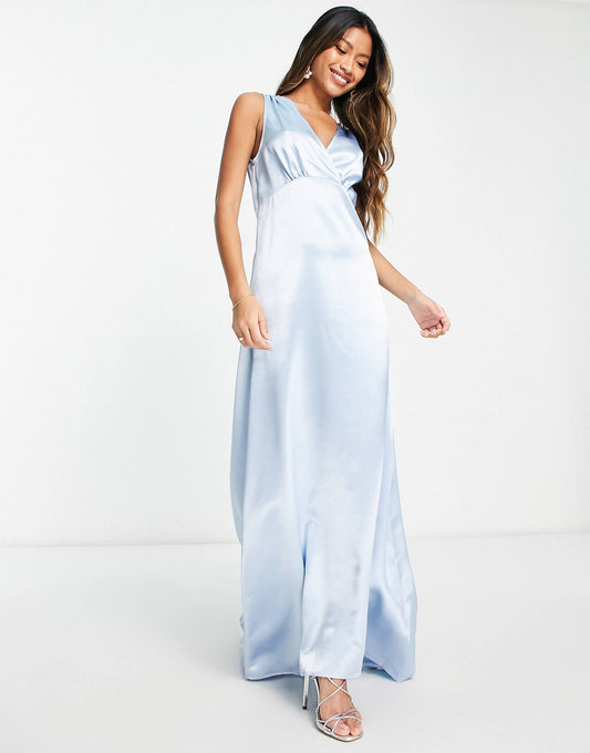 Bridesmaid Satin V Neck Maxi Dress With Train