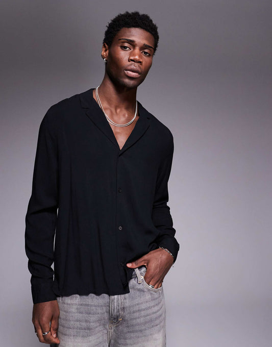 Fit Viscose Shirt With Deep Revere Collar