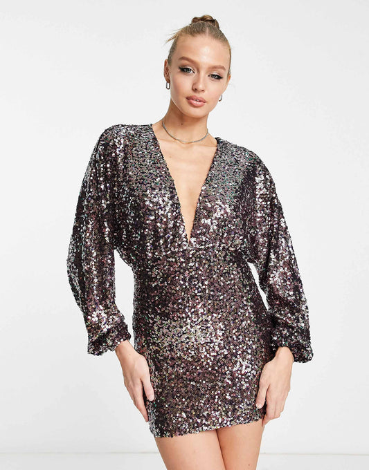 Long Sleeved Plunge Neck Sequin Mini Dress