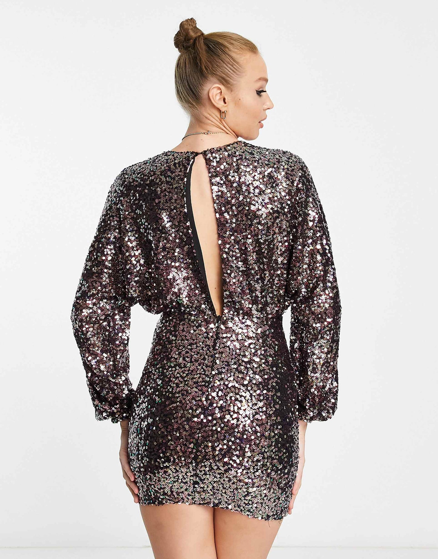 Long Sleeved Plunge Neck Sequin Mini Dress