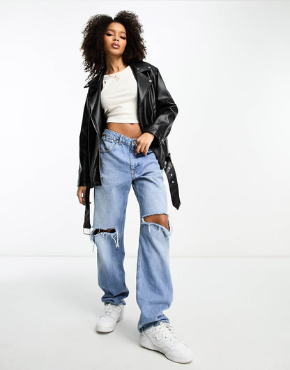 Longline Oversized Faux Leather Biker Jacket