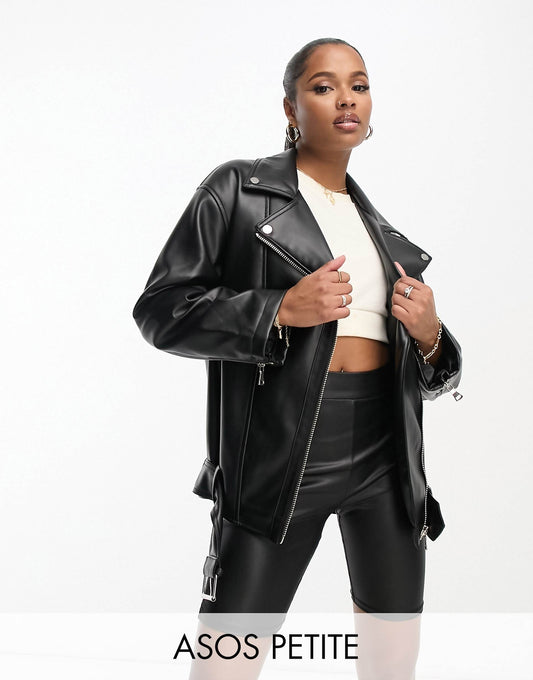 Petite Longline Oversized Faux Leather Biker Jacket