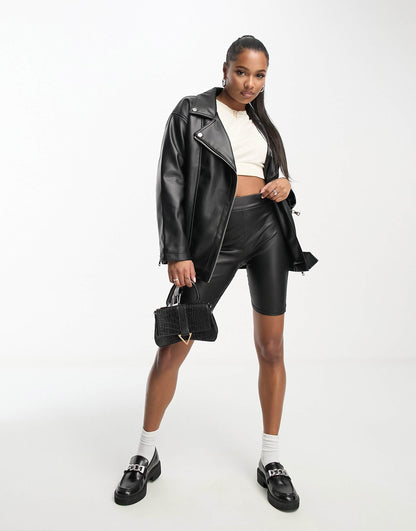 Petite Longline Oversized Faux Leather Biker Jacket