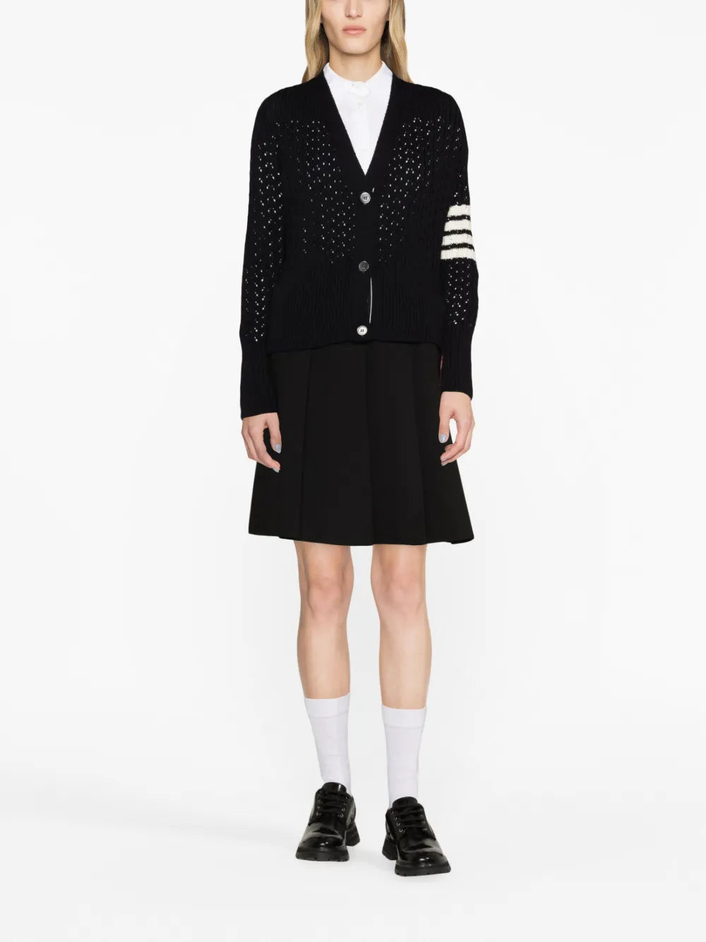 4-Bar Pointelle-Knit Virgin-Wool Cardigan