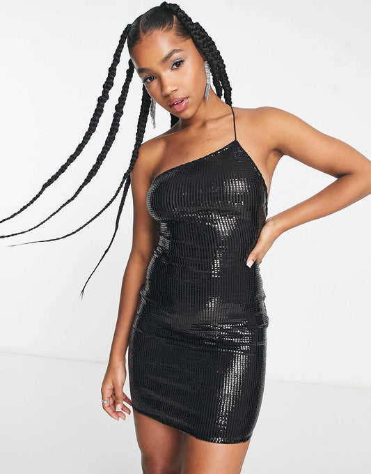 Asymmetric Strap Detail Sequin Mini Dress