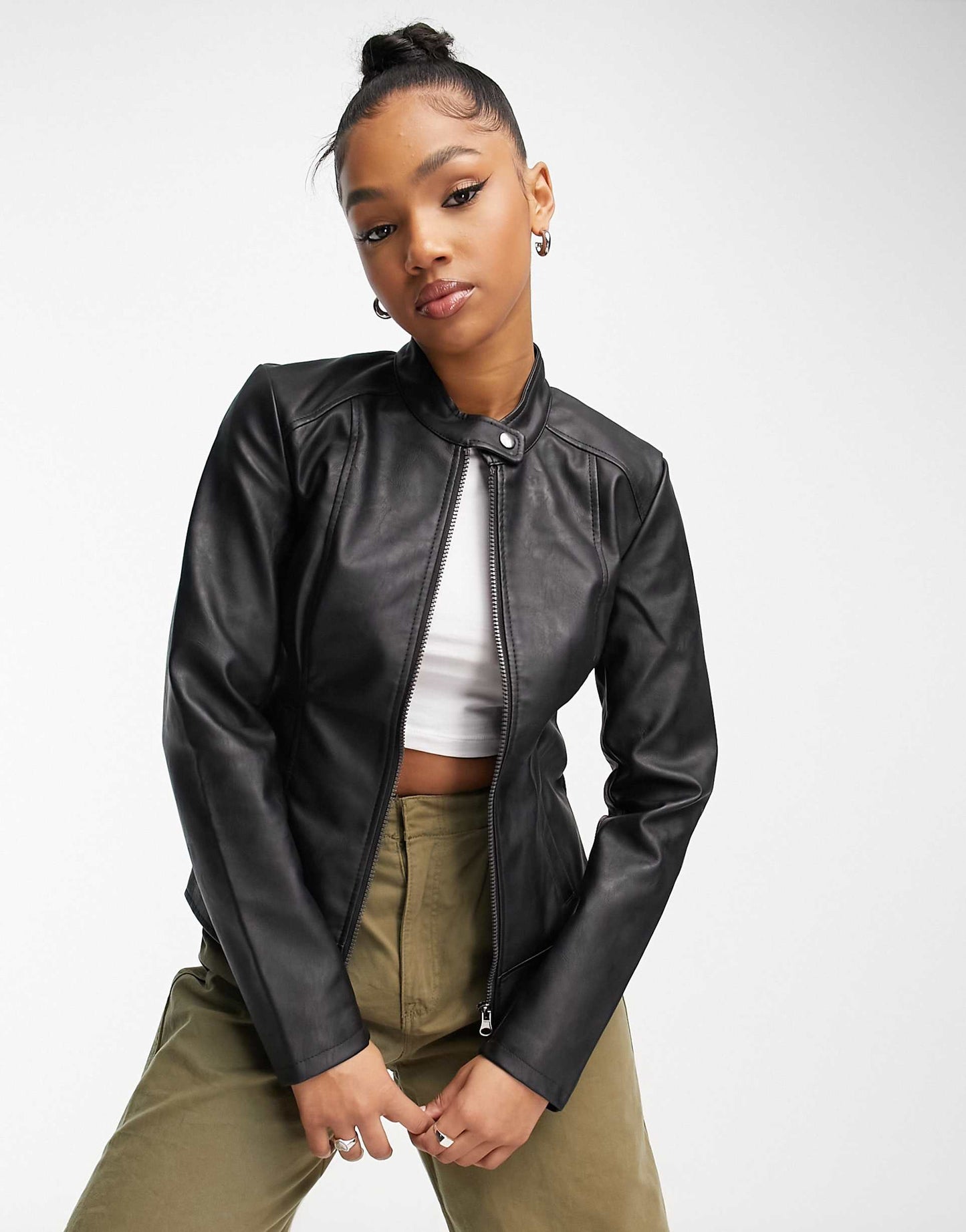 Collarless Faux Leather Jacket