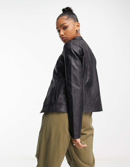 Collarless Faux Leather Jacket