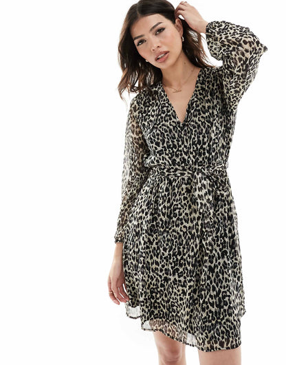 Tie Waist Leo Print Mini Smock Dress