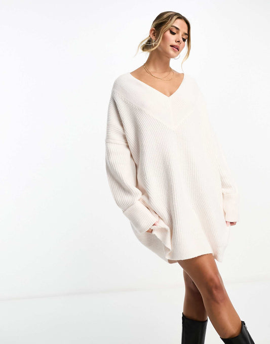 V Neck Slouchy Knit Mini Dress