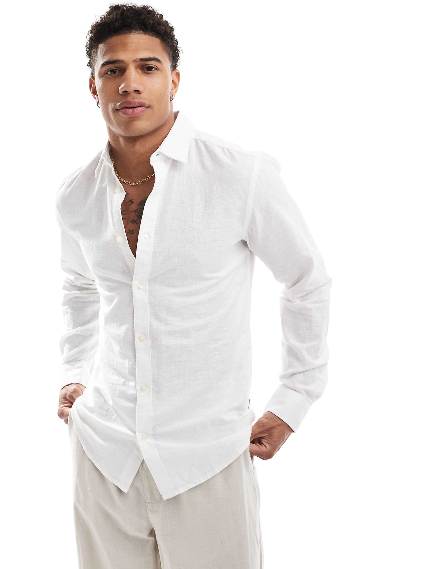 Linen Mix Long Sleeve Slim Fit Shirt