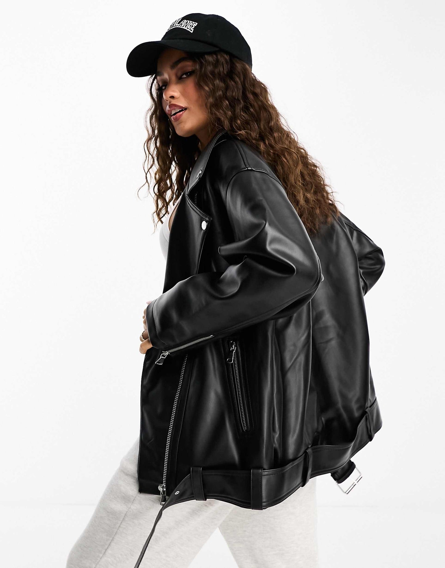 Petite Longline Oversized Faux Leather Biker Jacket